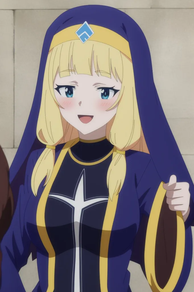 A cute blonde girl with blue eyes in an anime style, wearing dark navy and light yellow religious robes with white trim on the shoulders, giving thumbs up to the camera. She has long hair covering one edge of her face, with bangs over it that have both sides pulled back from behind her head. The bangs also feature symbols like crosses or circles at their ends, along with golden details such as stars and squares around them. Her outfit includes shoulder pads for emphasis. The style is reminiscent of anime. --ar 85:128