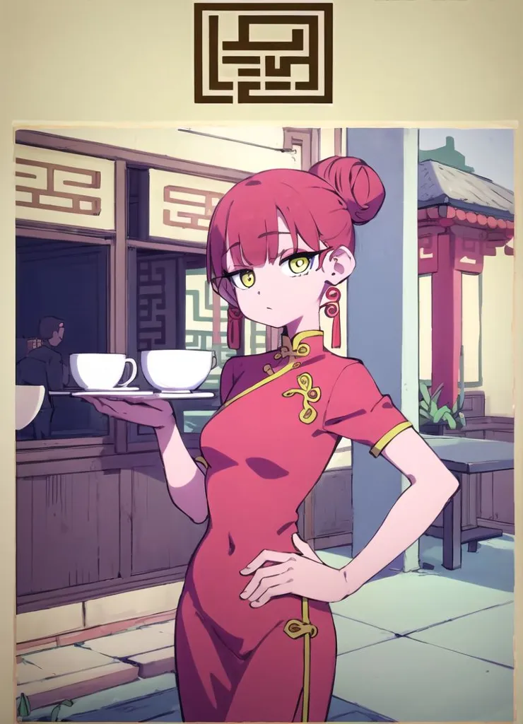 The comic. A beautiful redhaired woman wearing an elegant qipao stands in the tea room, holding coffee cups on platters and serving them to guests at her door end service desk. Anime style. Chinese punk. Colored cartoon characters with hidden details. Modern city background. Inspired in the style of Japanese anime and Disney animation. Full body portrait. Closeup shot of character face. 2D game art. Bold lines. Simple colors. Flat color blocks. High resolution. --ar 23:32