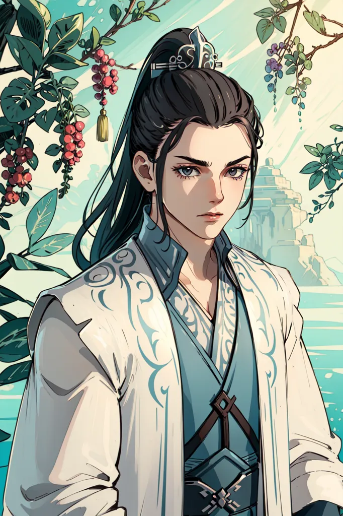 Chinese ancient style, a male protagonist with black hair and blue eyes wearing white Hanfu, with a handsome appearance, holding a Blue Delicate weapon in his hand, surrounded by some green plants hanging on trees, behind him is an island city background. The overall color scheme of the cartoon characters has a strong sense of an illustrative style. In the style of anime with an aesthetic style, in a comic book style, colorful, with light and shadow effects, with Chinese painting strokes. --ar 85:128