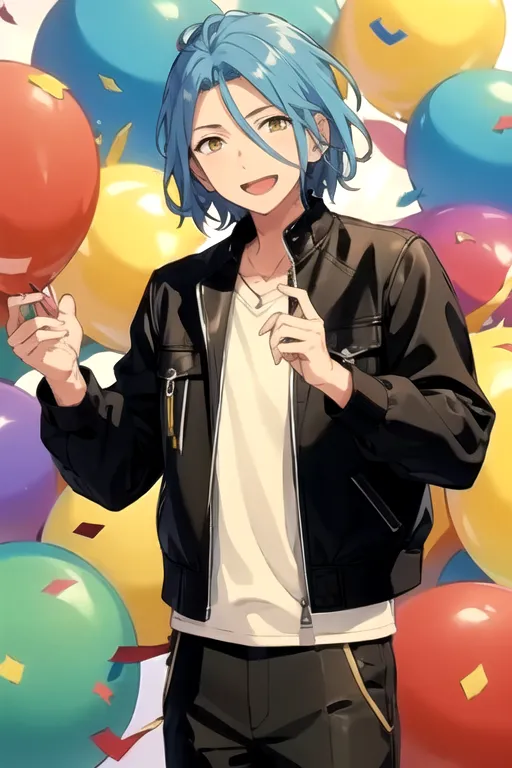 Anime in the style of [Makoto Shinkai](https://goo.gl/search?artist%20Makoto%20Shinkai), with an apocalyptic atmosphere of a sky full of colorful balloons and confetti in the background. A light blue haired boy wearing a black jacket with a white T-shirt underneath and dark gray wide jeans is holding a red balloon in his hand with a smiling expression on his face, celebrating a happy birthday while looking at the camera. --ar 2:3