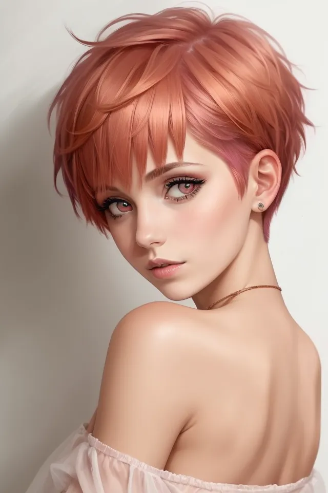 Beautiful girl with short pink hair, pixie cut, portrait, beautiful, anime style, in the style of [Artgerm](https://goo.gl/search?artist%20Artgerm), in the style of [WLOP](https://goo.gl/search?artist%20WLOP), artstation, white background, close up, upper body shot, pale skin, blush in the eyes, perfect face features, cute pose --ar 2:3