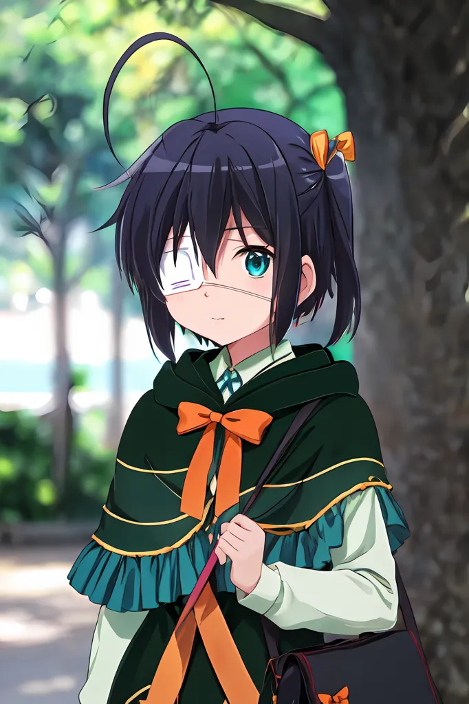 Cute anime schoolgirl with dark hair and blue eyes, wearing a green blouse and an orange bow tie, with a black cape around her neck, holding a handbag on her shoulder, smiling slightly at the camera, standing in a park setting in the style of anime. --ar 85:128