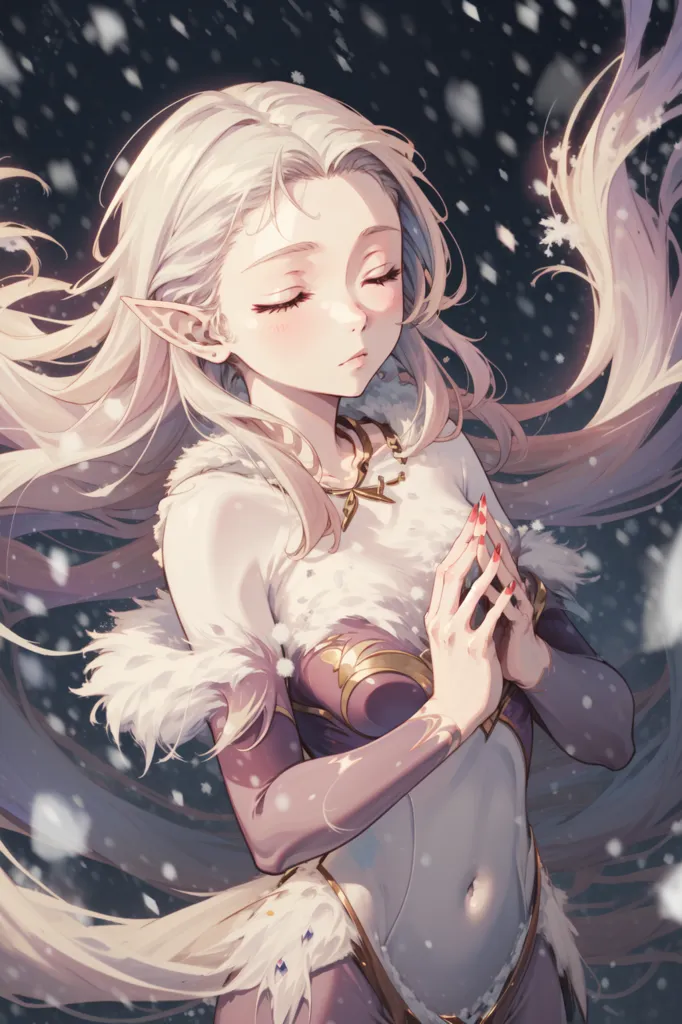 anime style illustration of the white haired elven girl with long hair, she is wearing silver fur and golden accents on her  as well as a magical necklace around her neck, she has an open hand that holds snowflakes in it, her eyes have closed eyelids, her hands are crossed over each other and resting at waist height, she stands under falling snow, she looks sad or lost, she wears no shoes, the background features dark grey sky and black ground, there's wind blowing through her hair --ar 85:128