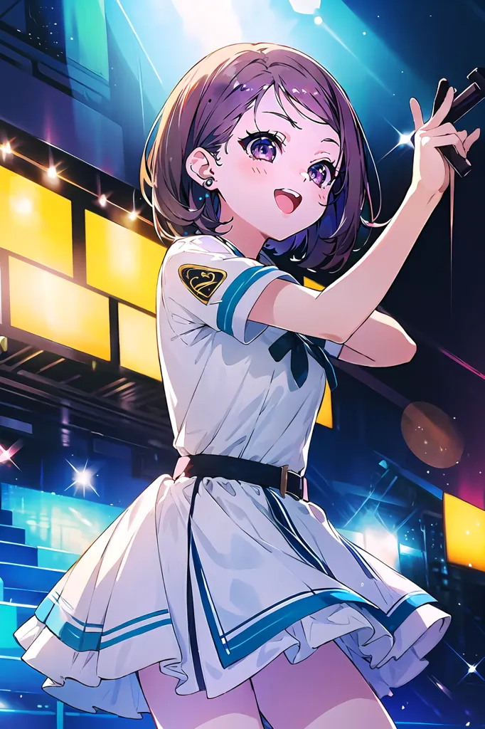 Anime-style illustration of an idol girl in a white school uniform with navy blue accents, holding a microphone and singing on stage under bright lights, with a cute smile and purple eyes looking at the camera, in a full body shot with feet visible wearing shoes, with brown hair in a short bob hairstyle, hair tied back with bangs falling over her face, with vibrant colors, detailed background with large LED screens and audience seats in the style of an anime artist. --ar 85:128