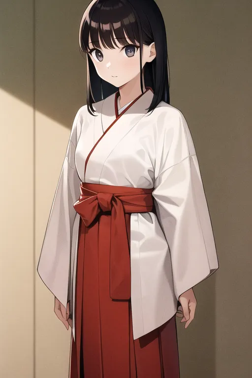 A cute anime girl wearing a white long-sleeved shirt and red skirt, with bangs on her head and hair tied back in the style of Japanese animation. She has fair skin and wears an elegant robe that is slightly off-white. Her hands were hanging naturally by her side, creating a full-body portrait. The background features a simple wall surface. --ar 2:3