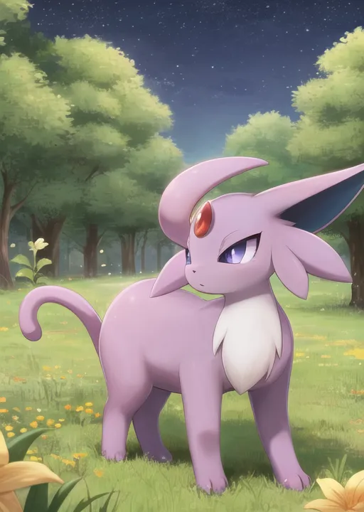 The image is of a Pokémon character. It is a quadrupedal, mammalian creature with purple fur, a white belly, and a long, bushy tail. It has large, pointed ears and a small, triangular nose. There is a red jewel on its forehead. It is standing in a grassy field, surrounded by flowers and trees. The night sky is dark blue and there are stars shining