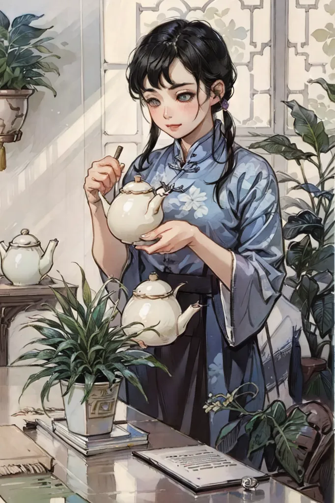 A beautiful Chinese girl with black hair, wearing blue and white traditional , holding an ancient porcelain teapot in her hand, stands next to the desk of traditional tea culture with plants on it, creating an anime aesthetic style. The illustration has a light gray color scheme, featuring charming characters with detailed facial features and meticulous brushwork. It has strong perspective, high resolution, and high definition, in the style of traditional East Asian art. --ar 85:128