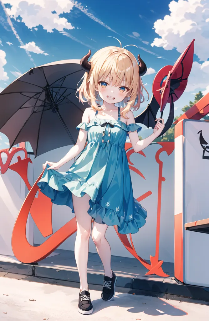 Cute anime girl with blonde hair and blue eyes, wearing an off-the-shoulder dress in a light sky blue, holding two red devil horns on her head, black shoes, smiling, walking next to a broken white fence wall, holding a large umbrella above body height, right hand hanging a small demon tail stick, background is a Japanese cartoon style street scene with graffiti letters, a blue sky and clouds, full-body shot, in the style of an ultrahigh definition anime artist. --ar 83:128