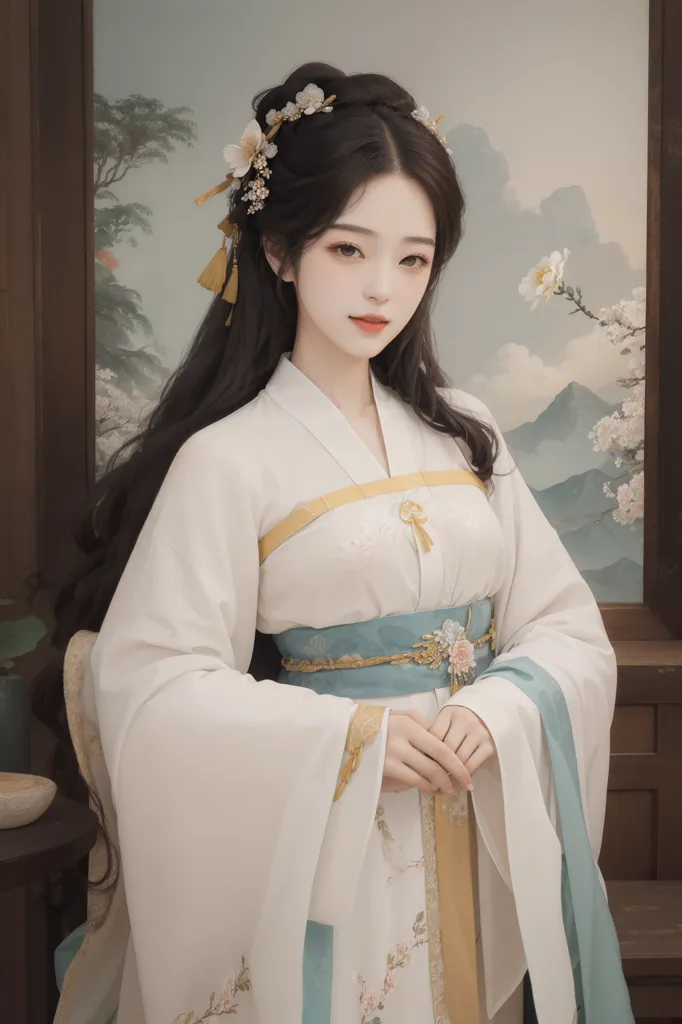 Chinese style ancient costume of a beautiful woman, with long black hair, wearing a white Hanfu with blue and gold trim on the sleeves of her , against a simple background, in an indoor scene, shown in a full body photo, with a smiling expression, soft lighting, warm colors, and delicate details. In the style of a realistic hyperdetailed rendering, with a romantic academic style, meticulous design, and details like a fairy tale illustration. --ar 85:128