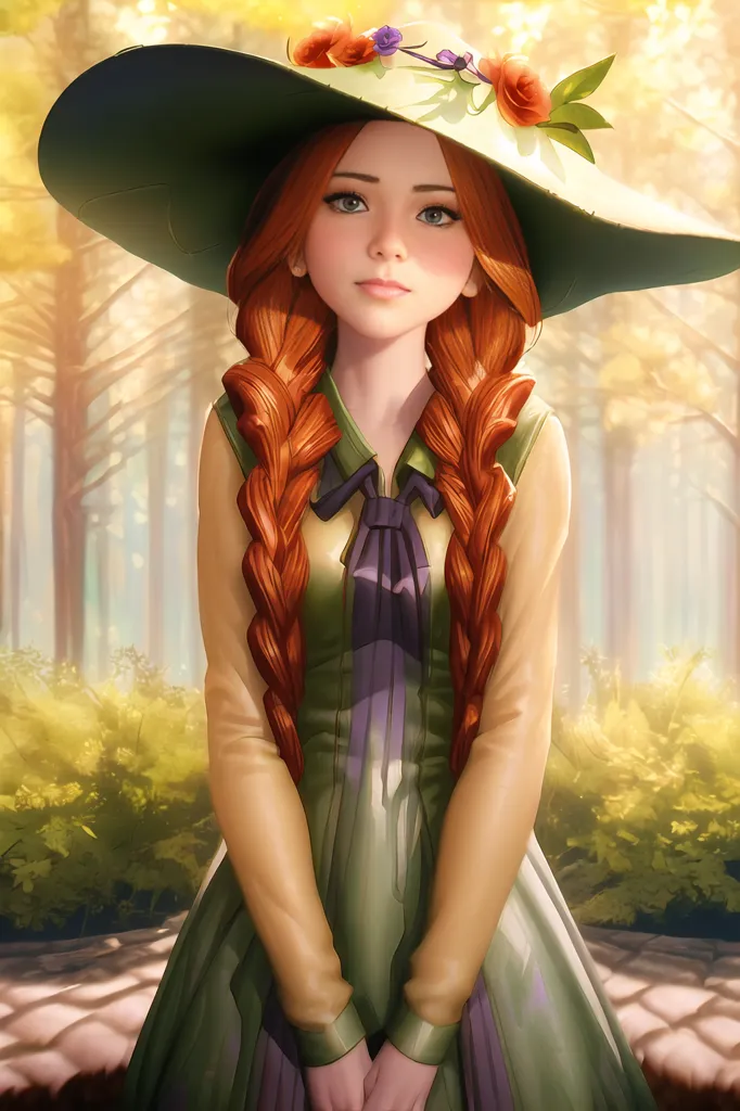This image shows a beautiful young woman with long red hair and green eyes. She is wearing a large green hat with a brim that is turned up at the sides and decorated with flowers. The woman is wearing a green dress with a white camisole underneath. The dress has a square neckline and is trimmed with purple ribbon. The woman is standing in a forest, and she is looking at the viewer with a slightly shy expression.