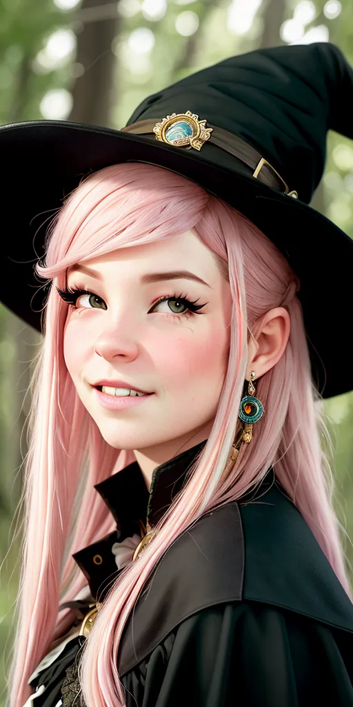 The image is a portrait of a young woman with pink hair and green eyes. She is wearing a black hat with a wide brim and a green belt. The hat has a round golden badge on it. She is also wearing a black and white shirt with a white collar. She has a friendly smile on her face and is looking at the viewer. She is standing in a forest with green trees in the background.