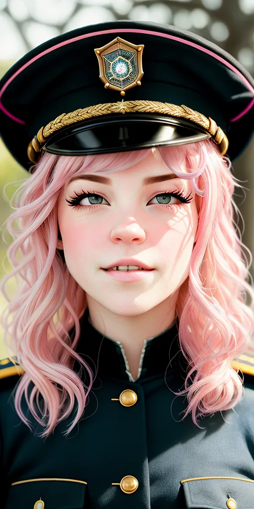 The image shows a young woman with pink hair and green eyes. She is wearing a black military hat with a gold badge on it. The hat has a pink band around it. She is also wearing a black military jacket with gold buttons. The jacket has a pink collar.