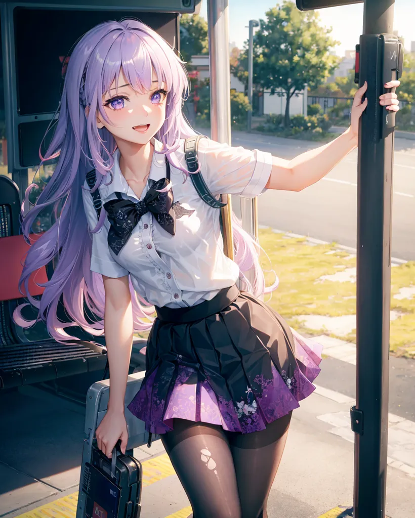 The image depicts a young girl with purple hair and purple eyes. She is wearing a white blouse, a black skirt, and a black backpack. She is standing at a bus stop, holding a suitcase in one hand and the bus stop pole with the other. She has a bright smile on her face.