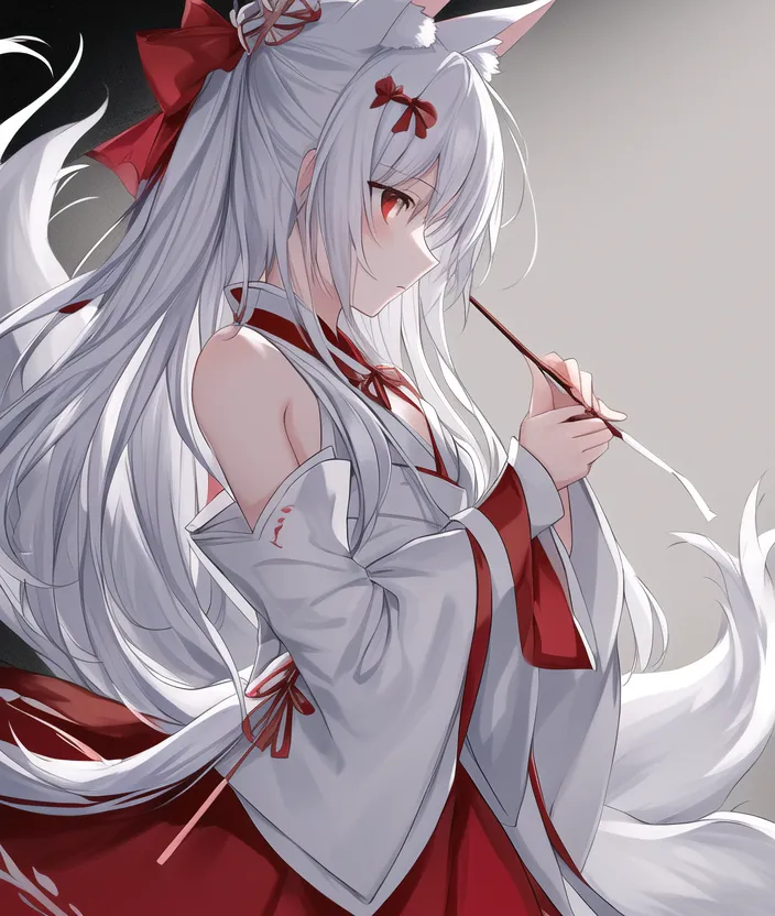 The image is of a young woman with long white hair and red eyes. She is wearing a red and white kimono. She has a fox tail and fox ears. She is holding a brush in her right hand. She is looking to the right of the frame.