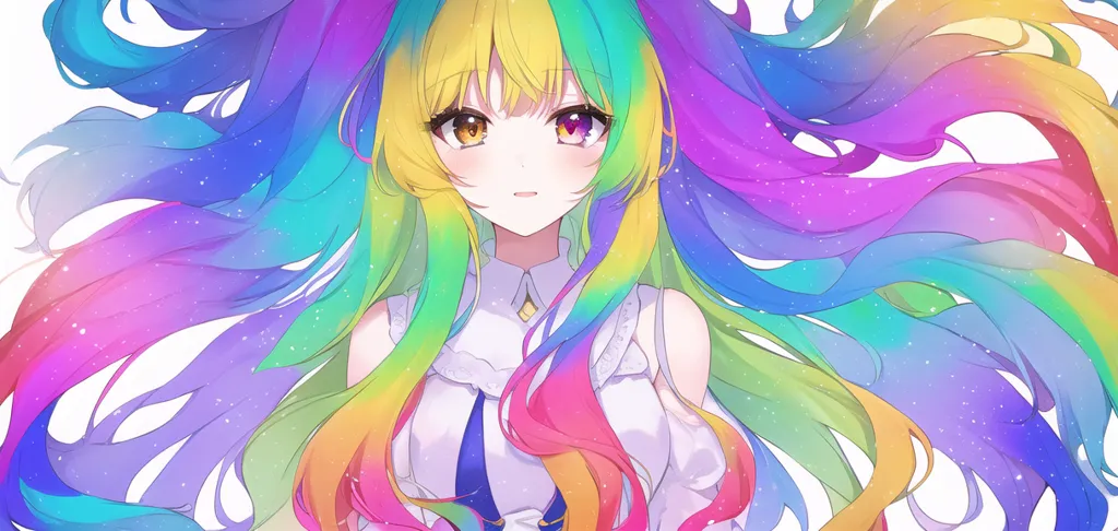 The image is a portrait of a young woman with long, flowing hair. Her hair is a rainbow of colors, with each strand a different shade. The woman's eyes are a deep purple, and her skin is fair. She is wearing a white dress with a blue sash. The background is a simple white, which makes the woman's hair stand out even more. The image is drawn in a realistic style, and the woman's expression is one of calm contentment.
