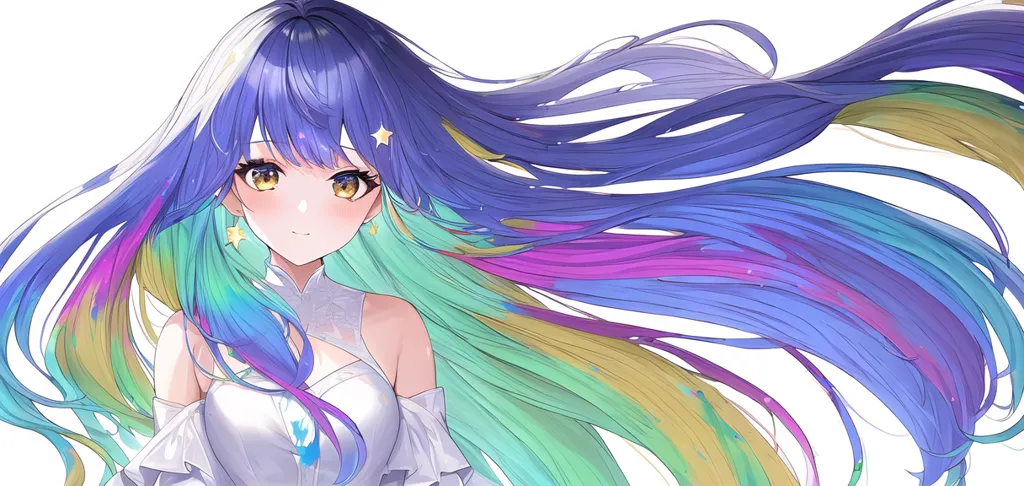 The image shows a beautiful anime girl with long, flowing hair. The girl is smiling and has her eyes closed. She is wearing a white dress with a sweetheart neckline. Her hair is a rainbow of colors, with blue, green, pink, and yellow being the most prominent. The girl is standing in front of a white background, and her hair is blowing in the wind. The image is drawn in a realistic style, and the colors are vibrant and bright.