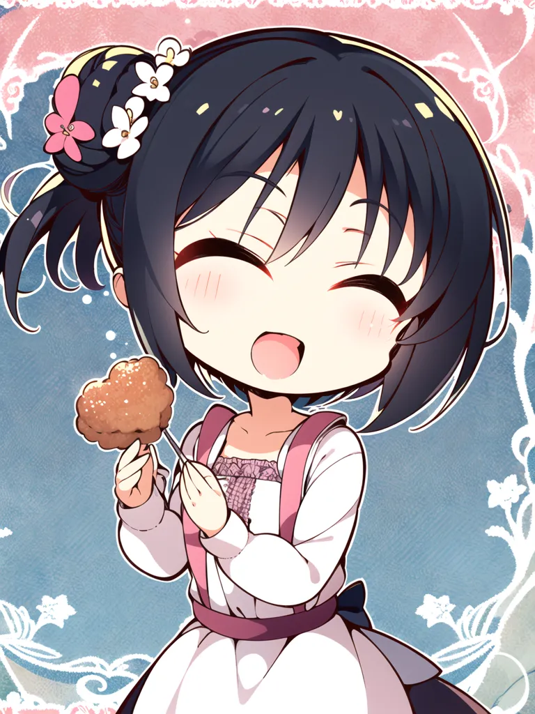 The image shows an anime-style chibi girl with black hair and pink eyes. She is wearing a white dress with a pink apron and a pink bow in her hair. She is holding a fried chicken drumstick in her right hand and has a happy expression on her face. The background is a light blue color, and there are some pink and white flowers in the background.