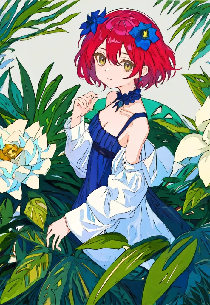 This is an image of a girl with red hair and yellow eyes. She is wearing a blue dress with a white collar. There are some blue and white flowers in her hair. She is standing in a garden with many green plants and white and yellow flowers.