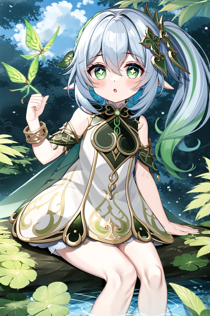 The image is of a young girl with long green hair and eyes sitting on a branch in a forest. She is wearing a white dress with green and gold accents. The girl is looking at a butterfly that is perched on her finger. The background is a blur of green leaves and blue sky.