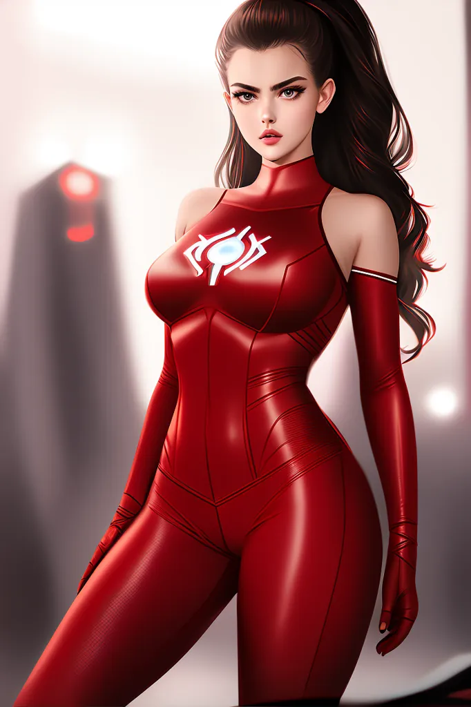 A imagem mostra uma mulher vestindo um traje vermelho justo com um símbolo branco no peito. Ela tem cabelos longos e castanhos e olhos castanhos. Ela está em uma postura determinada, com os punhos cerrados ao lado do corpo. O fundo é um borrão de luzes vermelhas e brancas.