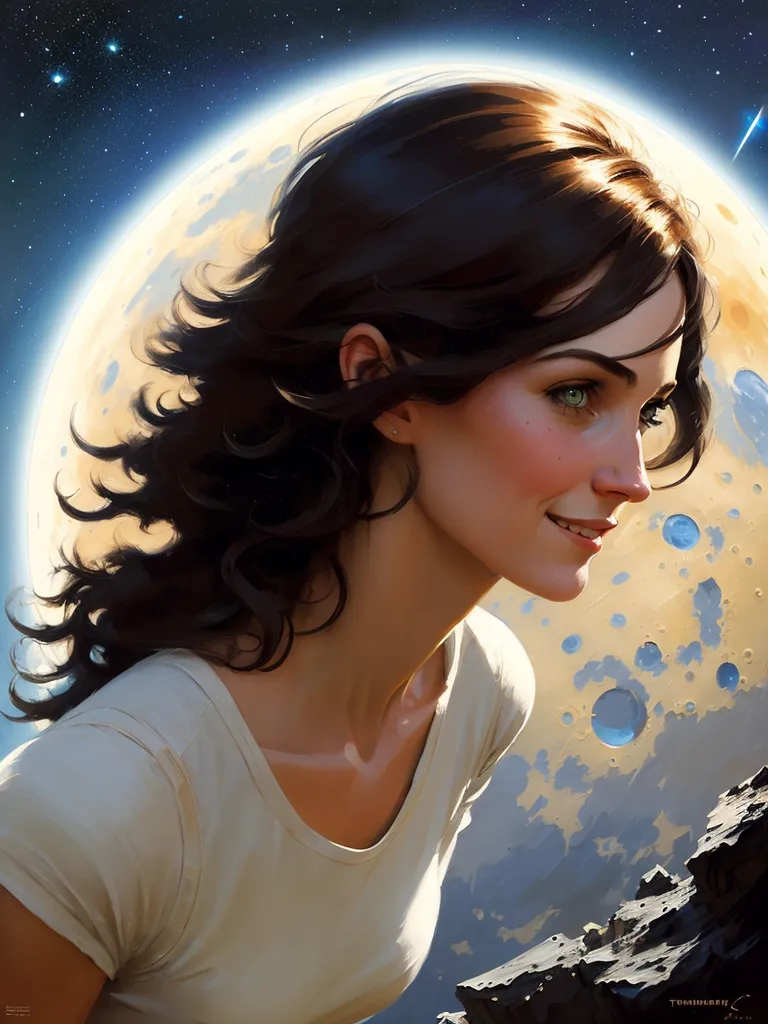 The picture shows a young woman with long brown hair. She has green eyes and a warm smile on her face. She is wearing a white T-shirt and is standing in front of a large moon. The moon is blue and has a glowing white crater on its surface. The woman is looking up at the moon with wonder in her eyes. There are stars in the sky and a shooting star is streaking across the sky.