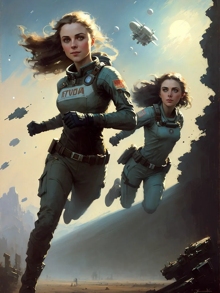 The image shows two young women running in a post-apocalyptic landscape. They are both wearing white and green uniforms and carrying guns. In the background, there are several large, ruined buildings and a spaceship. The sky is orange and there are clouds of smoke in the air. The women are running towards the viewer and they look determined and focused.