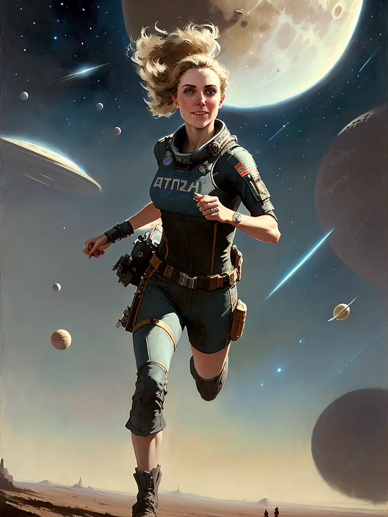 This is an image of a young blonde woman in a futuristic spacesuit with the text \