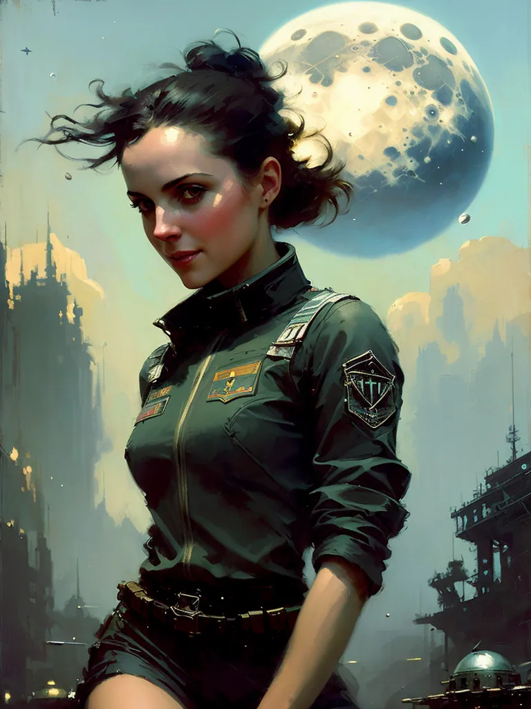 This is an image of a young woman standing in front of a futuristic cityscape. She is wearing a green jacket and black pants. The city is in the background and is mostly covered in fog. There is a large moon in the sky. The woman has short brown hair and green eyes. She is looking at the viewer with a serious expression.