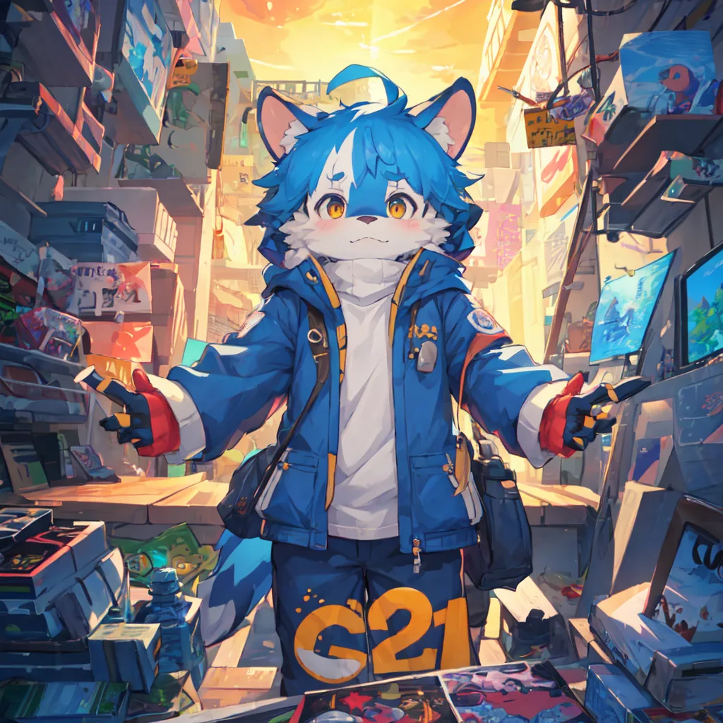 The image is of a blue furry creature with cat ears and yellow eyes. It is wearing a blue and white jacket, and there are shelves stocked with boxes and other items behind it. The creature is smiling and has its arms outstretched.