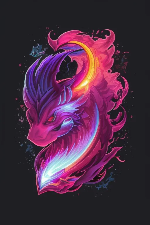 A imagem é uma pintura digital colorida da cabeça de um dragão. O dragão é rosa e roxo com um chifre amarelo e olhos azuis. Ele está cercado por uma luz brilhante e há várias pequenas criaturas azuis voando ao seu redor. O fundo é preto.