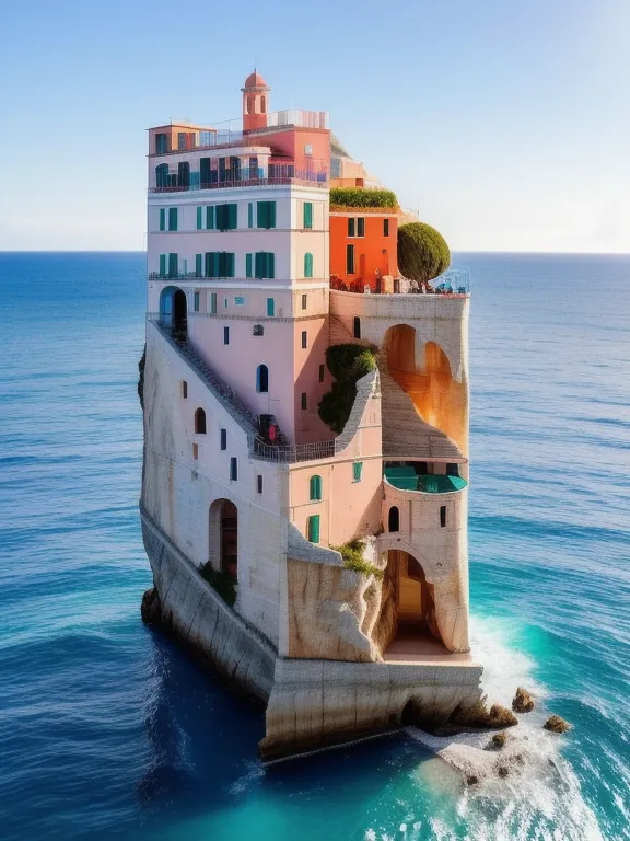 The image shows a house built on a rock in the middle of the ocean. The house is three stories tall and has a pink and yellow exterior. There are many windows and a few trees on the house. The water is a deep blue color and the sky is light blue. The house is surrounded by a stone wall.