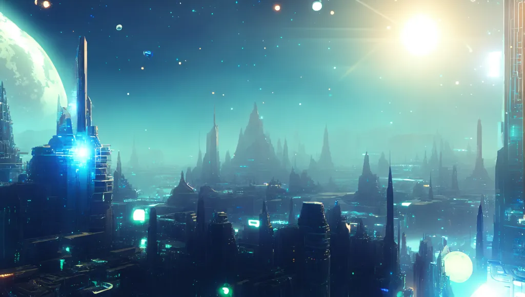 A imagem é uma paisagem urbana de ficção científica. Existem muitos edifícios altos e uma lua grande ao fundo. O céu está escuro e há muitas estrelas. Os edifícios estão iluminados e há luzes no chão. Também existem alguns carros voadores no ar. A imagem é muito detalhada e realista.