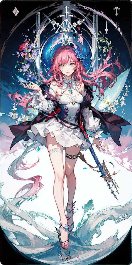 The image is of a young woman with pink hair and blue eyes. She is wearing a white dress with a blue sash and a black cape. She is also wearing a pair of blue high heels. She is standing in a field of flowers and there is a large tree behind her. She is holding a sword in her right hand and a shield in her left hand. The background is a light blue color and there are some clouds in the sky.