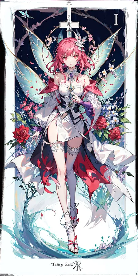 The image is of a beautiful anime girl with pink hair and red eyes. She is wearing a white dress with a red sash and has a pair of butterfly wings made of flowers. She is standing in a forest of flowers and there is a large cross in the background.