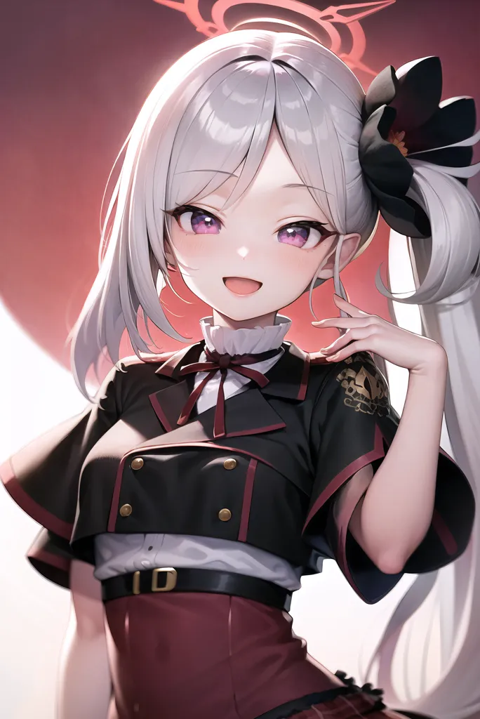 The image is a portrait of a young woman with long silver hair and purple eyes. She is wearing a black and red military-style uniform with a white collar and a red bow tie. She has a black rose in her hair and is smiling. The background is a gradient of red and white.
