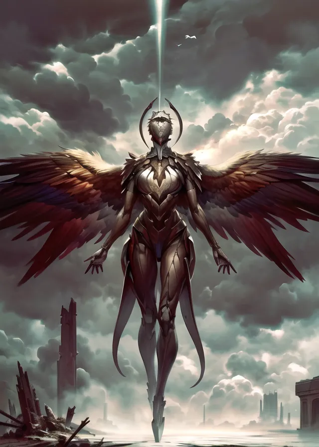 The image shows a tall, slender, feminine figure with metallic skin and large, feathered wings. The figure is wearing a form-fitting suit of armor and has a glowing halo around its head. It is standing in a ruined city, with dark clouds and a beam of light in the background.