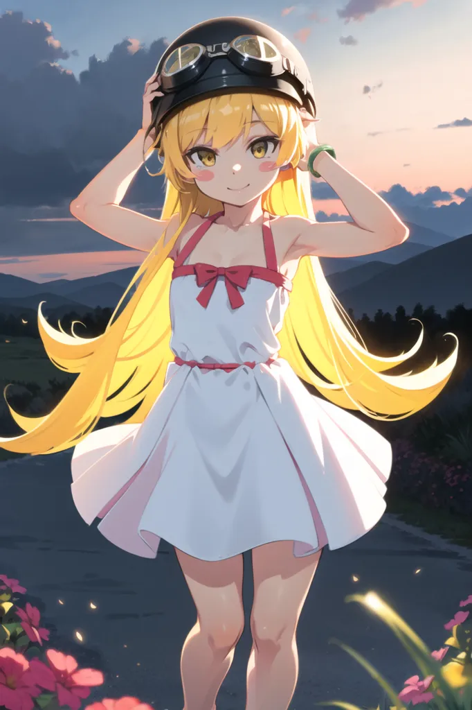 The image is of a young girl with long blonde hair and yellow eyes. She is wearing a white dress with a red ribbon at the bust. She is also wearing a brown leather aviator helmet. She is standing in a field of flowers, with a mountain range in the background. The sky is a gradient of orange and blue, with white clouds.