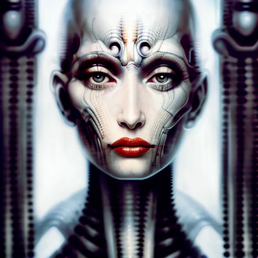 The image is a portrait of a female with grey skin and red lips. The face is very detailed and looks like a combination of human and alien features. The eyes are dark and almond-shaped, and the cheekbones are high and pronounced. The lips are full and slightly parted. The hair is dark and pulled back into a bun. The background is white with two grey tubes on either side of the face.