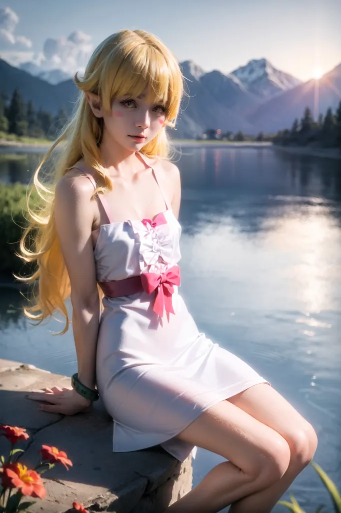 The photo is of a cosplayer dressed as the character Anya Forger from the anime Spy x Family. She is sitting on a stone wall next to a lake, with a large mountain range in the distance. She is wearing a white dress with a pink ribbon at the waist, and her blonde hair is flowing in the wind. She is looking at the camera with a slight smile on her face.