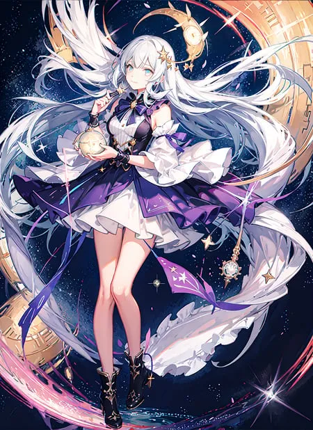 This is an image of a young woman with long white hair and purple eyes. She is wearing a white and purple dress with a large purple bow on her chest. She is also wearing a pair of black boots with gold buckles. She has a clock-like object in her left hand. She is standing in a starry night sky with a large clock behind her.