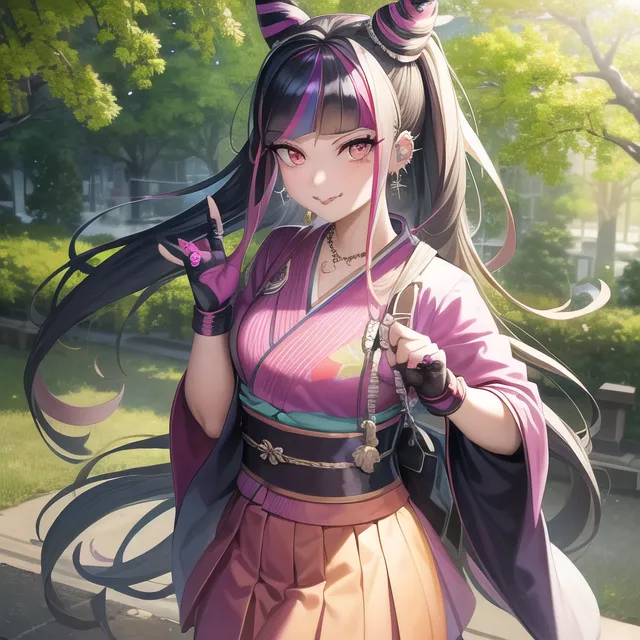 The image depicts a young woman with long black and purple hair. She is wearing a pink kimono with a white obi and a yellow skirt. She is also wearing a pair of black gloves and a pair of black boots. She has a confident expression on her face and is looking at the viewer with her right hand raised in the air. She has a pink ring on her right hand. She is standing in a park with trees in the background.