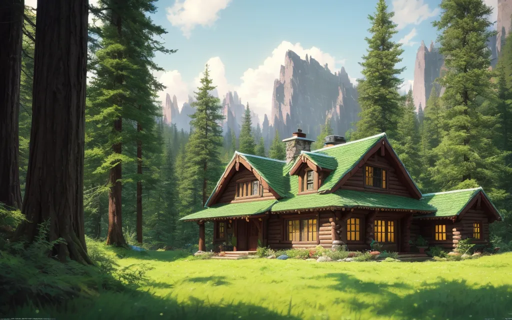 The image is a beautiful landscape of a house in the woods. The house is made of wood and has a green roof. It is surrounded by tall trees and there is a large grass field in front of it. In the background, there are mountains covered with snow. The sky is blue and there are some clouds in the sky. The image is very peaceful and serene.