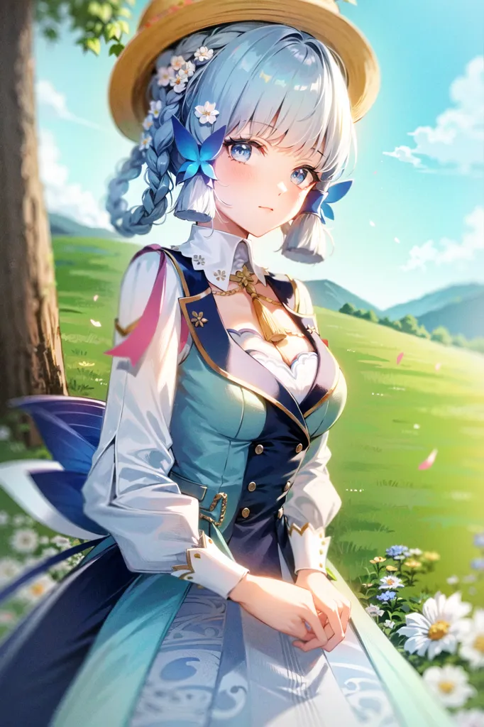 Esta é uma ilustração de uma jovem com cabelos azuis e olhos azuis. Ela está usando um vestido branco e azul com um chapéu de palha. Ela está em pé em um campo de flores, com uma grande árvore atrás dela. O fundo é uma pradaria, com colinas ao fundo. A menina está sorrindo e parece feliz.