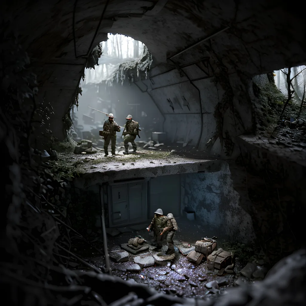 The image is set in a dark and gloomy underground tunnel. The tunnel is lined with broken concrete and rebar, and the walls are covered in graffiti. There is a large hole in the roof of the tunnel, and a forest can be seen beyond. Three soldiers are standing in the tunnel. They are all wearing military gear and carrying guns. They look tired and weary. There are several large bags and backpacks on the ground next to them. It looks like they have been traveling for a long time. The image is full of tension and suspense. It is clear that the soldiers are in a dangerous situation.