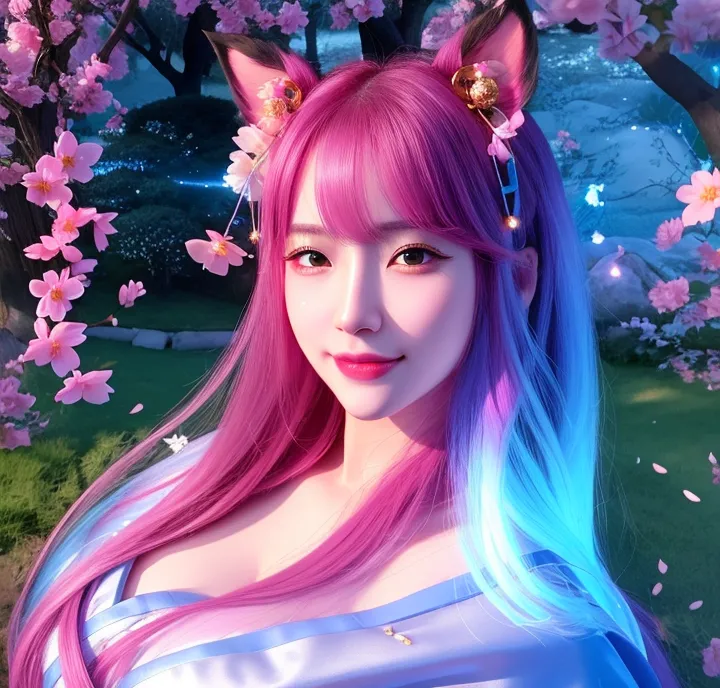 The image shows a young woman with pink and blue hair. She has cat ears and is wearing a white and blue kimono. She is standing in a forest of cherry blossoms. The background is a blur of green and pink. The image is very detailed and realistic.