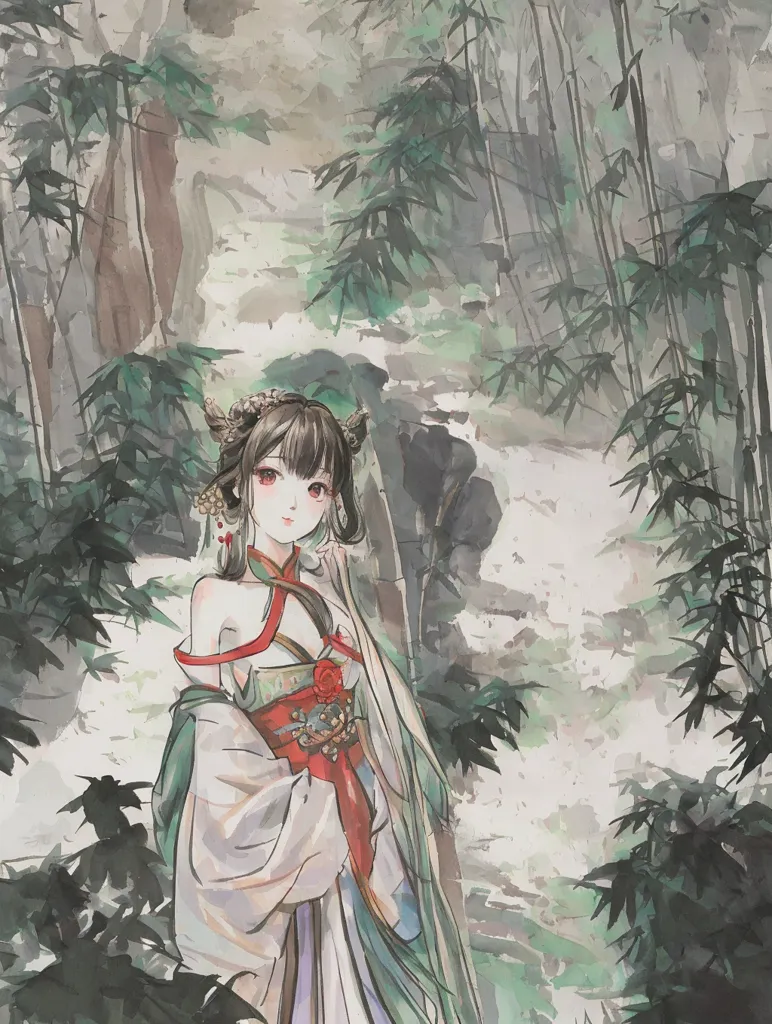 The image is a Chinese painting of a young woman in a forest of bamboo. The woman is wearing a traditional Chinese dress and has long, flowing hair. She is standing in a clearing in the forest, and there is a bamboo grove behind her. The painting is done in a realistic style, and the artist has used a variety of techniques to create a sense of depth and atmosphere. The image is also very colorful, and the artist has used a variety of colors to create a sense of harmony and balance.