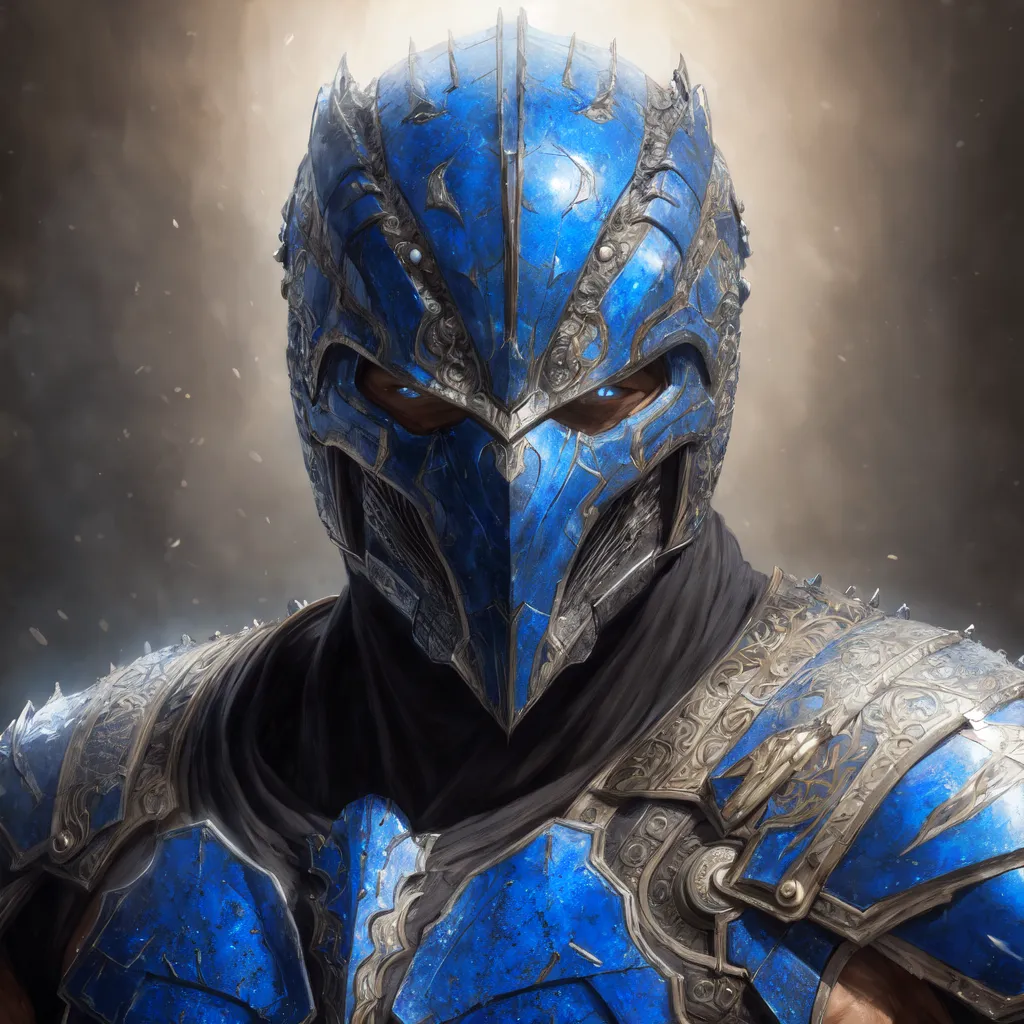 A imagem é um close-up de um personagem masculino vestindo uma armadura azul e prata. O rosto do personagem está parcialmente obscurecido pelo capacete, mas seus olhos são visíveis e estão brilhando em azul. A armadura é feita de metal e possui designs intrincados. O personagem também está usando uma capa preta.