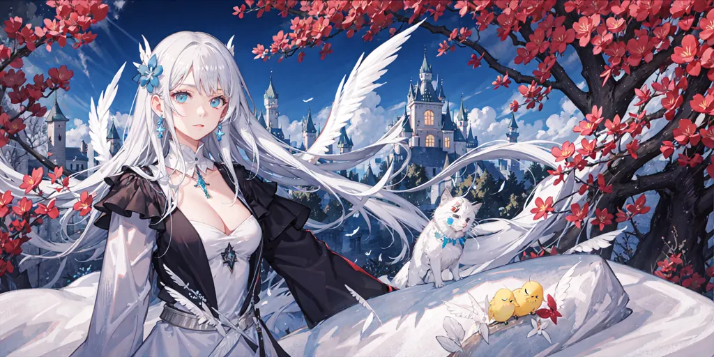 The image is of an anime girl with long white hair and blue eyes. She is wearing a white and black dress with a blue gem on her chest. She has white wings and is standing in front of a large tree with pink flowers. There is a white cat sitting on the ground next to her and two small yellow bird-like creatures. In the background, there is a large castle. The sky is blue and there are some clouds.