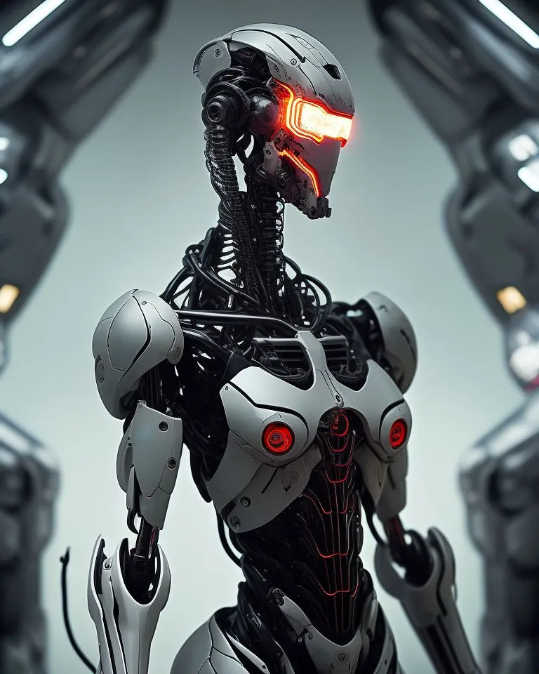 The image is a 3D rendering of a female robot. The robot is standing in a dark room with a bright light source in the background. The robot is made of white and gray metal, and has a glowing red visor. The robot's body is covered in intricate details, such as wires, tubes, and rivets. The robot's face is expressionless, and it is unclear what it is thinking or feeling.