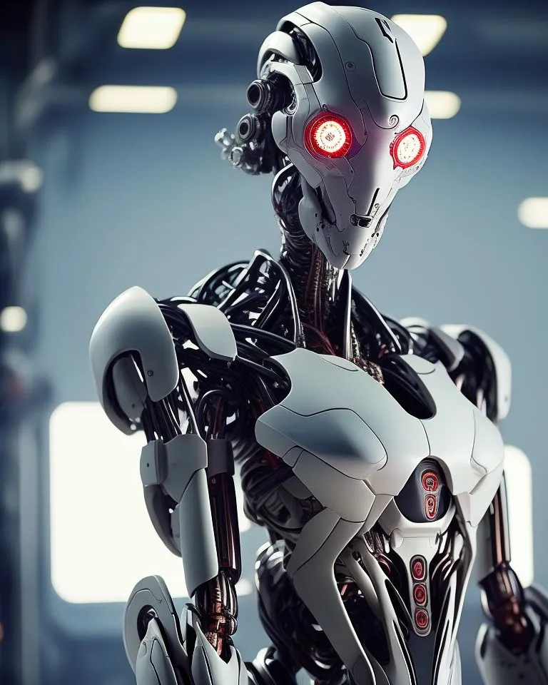 A imagem retrata um robô humanóide com um exterior branco e cinza. Os olhos do robô estão brilhando em vermelho e seu rosto está inexpressivo. Ele está em pé em uma sala com um fundo azul-cinza. O robô é feito de metal e tem uma variedade de fios e cabos visíveis em seu corpo. Ele também está usando um cinto utilitário preto. O robô está em uma posição relaxada e parece estar desligado ou inativo.